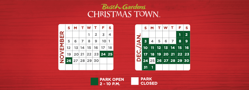 christmas town opens nov 24 and will continue on select days through jan 1 2018 event operating hours are 2 pm 10 pm each day - Christmas Town Busch Gardens Tickets christmas town opens nov 24 and will continue on select days through jan 1 2018 event operating hours are 2 pm 10 pm each day - Christmas Town Busch Gardens Tickets